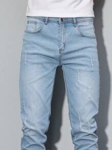 Manfinity Homme Men's Simple Ripped Pocket Casual Jeans, For Daily Wear - Light Wash - View 7