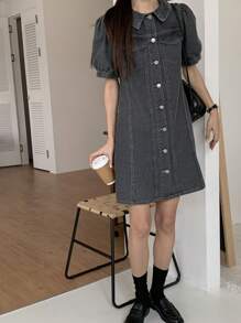 FRIFUL Abito di jeans casual da donna con maniche a palloncino e bottoni sul davanti, abito estivo