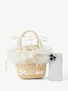 ROMWE Kawaii Chiffon Adorable Bow Straw Handbag - Beige - View 2