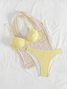 Swim Mod Women's Solid Color Textured Beachwear Swimwear Set, For Summer Vacation