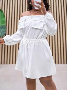 Slaydiva Vestido casual de playa blanco todo a juego de talla grande con hombros descubiertos, cintura, línea A, bolsillos, adecuado para primavera/verano, versátil para uso diario - Blanco - Ver 5