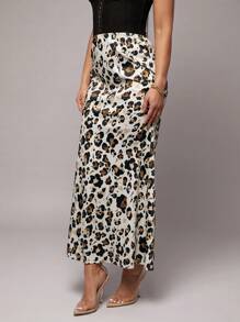 Silquee 女士优雅缎面豹纹长裙，适合通勤、办公室、日常穿着、派对、舞会、工作、聚会、春季及所有季节 - 銅色 - 查看 5