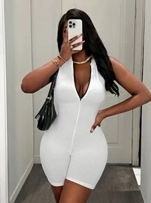 Slaydiva Casual Basic Sportswear Sleeveless Contrast Color Zip Collar Jumpsuit - FF - Black and White - View 6