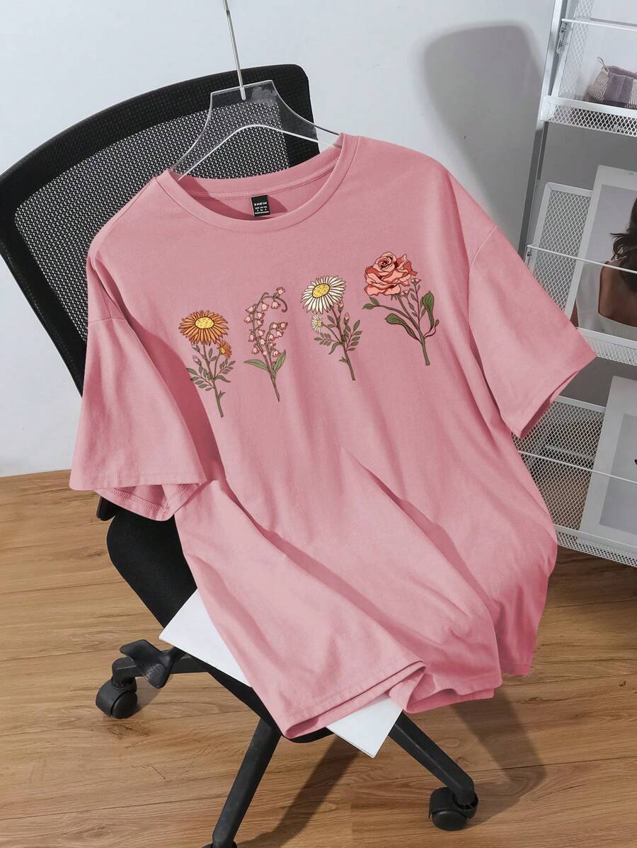 SHEIN EZwear Plus Size Casual Short Sleeve T-Shirt With Simple Floral Pattern And Round Neckline For Summer - Dusty Pink - View 1