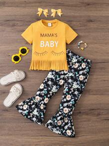 SHEIN 2 Stücke Kleine Mädchen Set: Einfaches gestricktes T-Shirt mit Rundhalsausschnitt & Flare Hose mit Blümchenmuster - Gelb - Übersicht 2