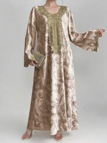 Al Najma Women's Tie Dye Lace Splice Bell Sleeve Arabic Style Dress, Modest Kaftan - Khaki - View 5