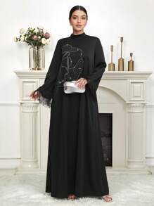 Al Najma 女士土耳其和阿拉伯传统长款连衣裙，端庄的卡夫坦 - 黑色 - 查看 8