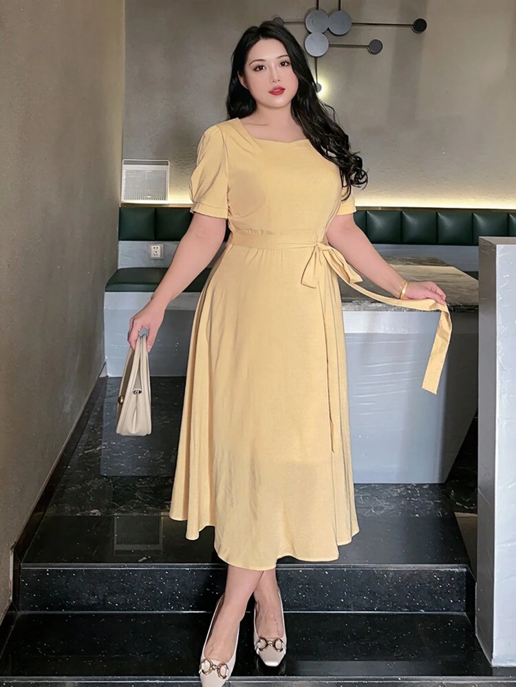 Dazy Petite Plus Solid Color Short Sleeve A-Line Long Dress, Apricot Color, Spring & Summer