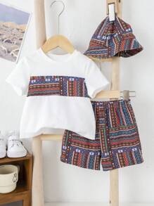 SHEIN Bộ 2 món áo thun cổ tròn màu tương phản thường ngày cho bé trai, quần short và mũ, trang phục 3 món, thích hợp cho mùa xuân hè, mặc ở nhà và ngoài trời, mặc khi đi du lịch và ngày lễ - Đỏ - Xem 3