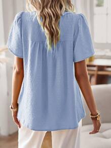 SHEIN Holidaya Women Contrast Lace Round Neck Short Puff Sleeve Shirt - Blue - View 2