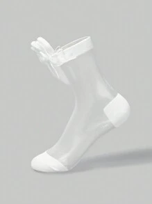 ROMWE Kawaii 1pair Rabbit Ear Design Mid-Calf Socks, Cute Bowknot Glass Stockings For Women, JK Style - White - View 5