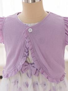 SHEIN Young Girl Floral Print Mesh Dress & Ruffled Cap Sleeve Check Pattern Top , Spring/Summer,Easter - Mauve Purple - View 4