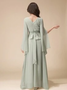 Vestido Curto e Longo Assimétrico Verde Menta Elegante para Meninas Adolescentes, Decote em V, Manga Morcego com Babados, Fenda, Faixa na Cintura, Vestido de Festa de Fada Apropriado para Aniversário de Adolescentes, Baile de Máscaras, Festa, Celebração de Feriados, Vestidos de Natal, Halloween, Ação de Graças, Vestido de Baile, Vestido Formal, Vestido de Concurso de Meninas, Vestido de Formatura, Vestido de Dama de Honra, Vestido de Gala, Vestido de Praia