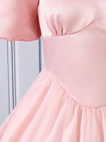 Vestido estilo cosecha mini de satén para adolescente con mangas abullonadas Y2K - Rosa - Ver 7