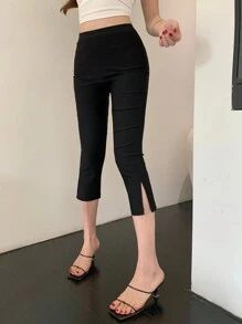 DAZY Pantalones capri ajustados de unicolor, versátiles y casuales con abertura para otoño e invierno para mujer - Negro - Ver 3