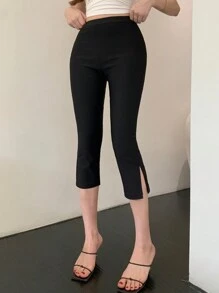 DAZY Pantalones capri ajustados de unicolor, versátiles y casuales con abertura para otoño e invierno para mujer - Negro - Ver 6