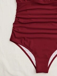 Swim Chiccia 1pc Solid Color Ruffled One-Piece Swimsuit, Summer Beach Vacation One-Piece Bathing Suit - Burgundy - View 6