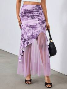 SHEIN Unity Purple Floral,Summer,Elegant,Party Mesh Insert Butterfly & Peony Print Bodycon Asymmetric Ruffle Hem Skirt With Waist Pleats, Retro Y2K Style - Purple - View 3
