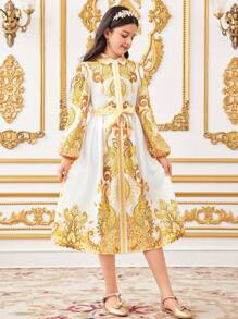 SHEIN Tween 女童融合休闲优雅宫廷风图案翻领长袖连衣裙