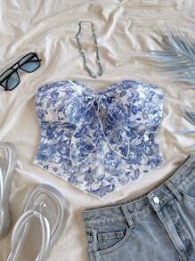 Soleia Blue & White Paisley Lace Camisole Top - Blue and White - View 5