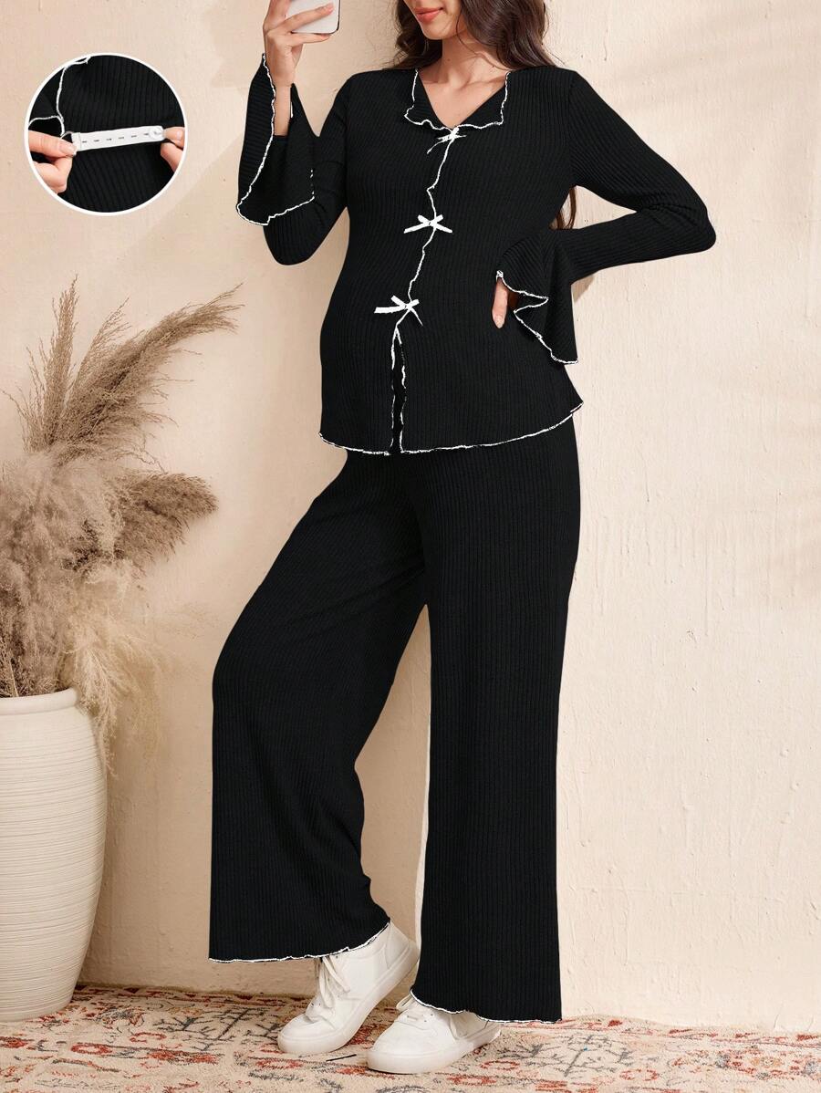 SHEIN 2pcs Maternity Bow Decor Flare Sleeve Blouse & Pants Sets - Black - View 1