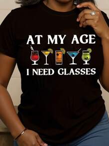 SHEIN CURVE+ Đối với tuổi của tôi, tôi cần áo phông in kính, áo phông cổ tròn tay ngắn thường ngày, áo phông họa tiết thời trang xuân/hè cho nữ - màu đen - Xem 3