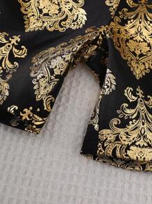 SHEIN 男童休闲金箔印花 Polo 领短袖衬衫和短裤套装，适合日常穿着、夏季、休闲、派对、日常、学校、旅行、聚会 - 黑色 - 查看 7