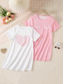 2pcs/Pack Girls Lash Print Heart Pattern Soft Round Neck Short Sleeve Long Nightgown Loungewear - Pink - View 1
