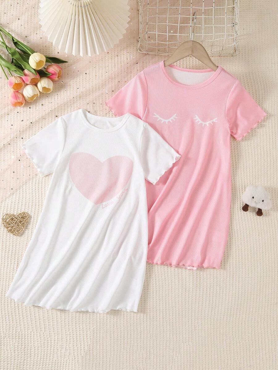2pcs/Pack Girls Lash Print Heart Pattern Soft Round Neck Short Sleeve Long Nightgown Loungewear - Pink - View 1