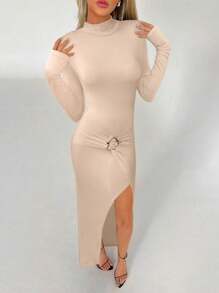 Aloruh Women Solid Color Stand Collar Long Sleeve Split Hem Slim Fit Dress - Apricot - View 6