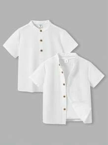SHEIN 2 stuks Kids Boy Casual Stand Collar Half-Zip Loose Woven Short Sleeve Shirt Multi-Pack, 2 Stijlen 1 Van Elk, Geschikt Voor Woon-werkverkeer, School, Dagelijkse Kleding, Reizen, Sport, Lente, Zomer, Herfst, Winter