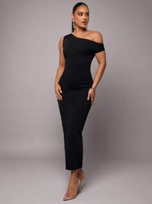 Silquee Women Solid Color Asymmetrical Neck Fitted Elegant Knit Dress