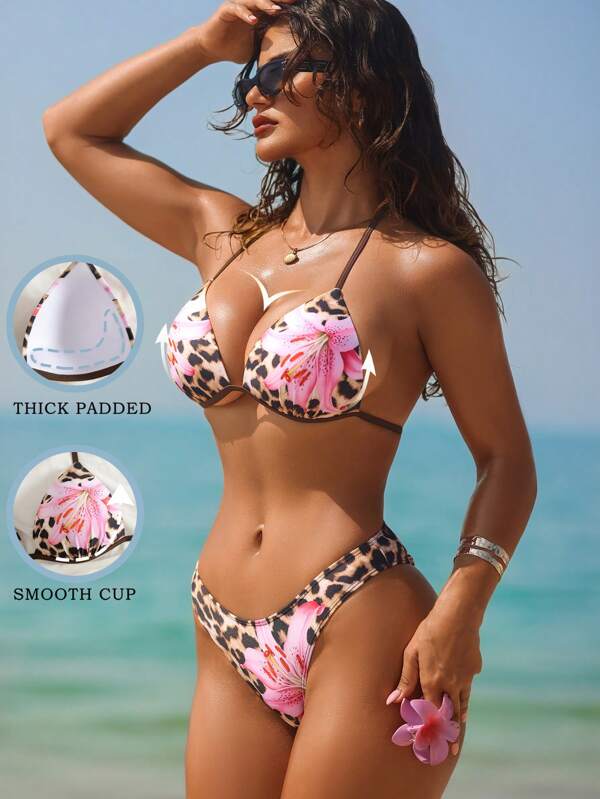Swim SXY Springbreak Damen-Bikini-Set mit Neckholder und seitlicher Schnürung und Leopardenmuster