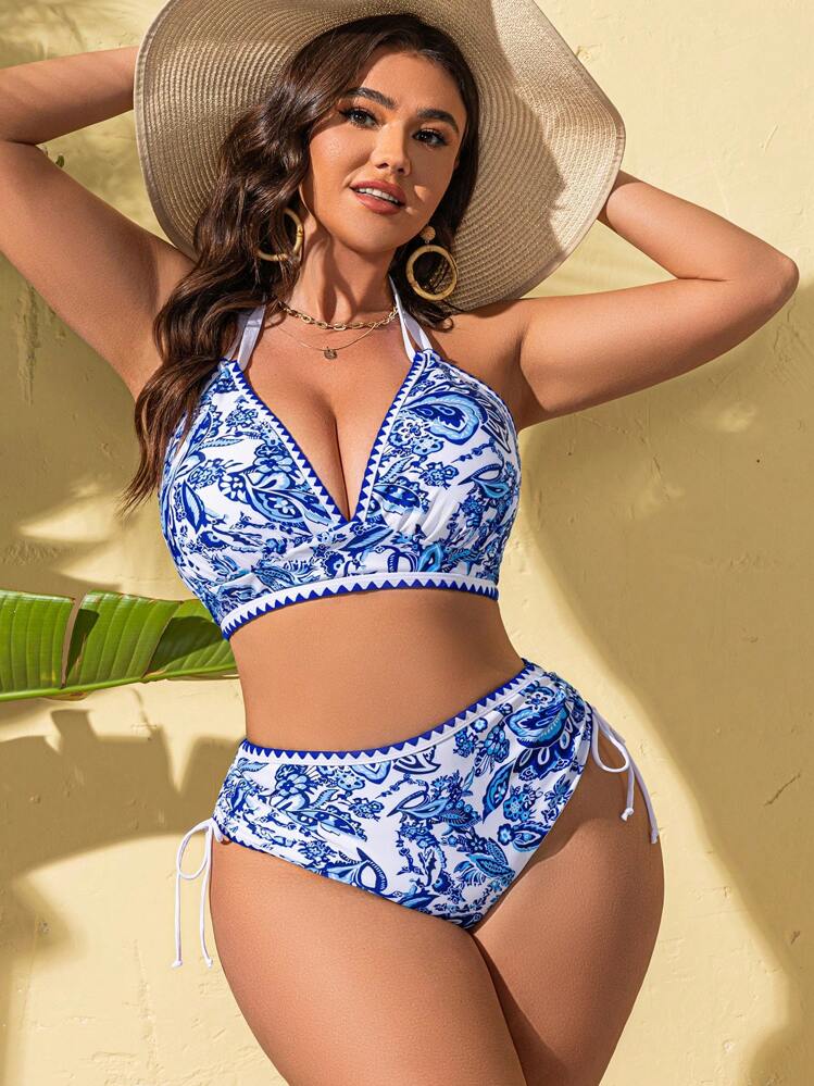 Swim Lushoire 2 件大码女式中国风随机印花 V 领抽绳腰比基尼套装，休闲度假，适合夏季海滩 - 藍白色 - 查看 4