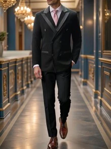 Manfinity Mode Men's Double-Breasted Suit Set: Jacket And Pants - Black - View 6