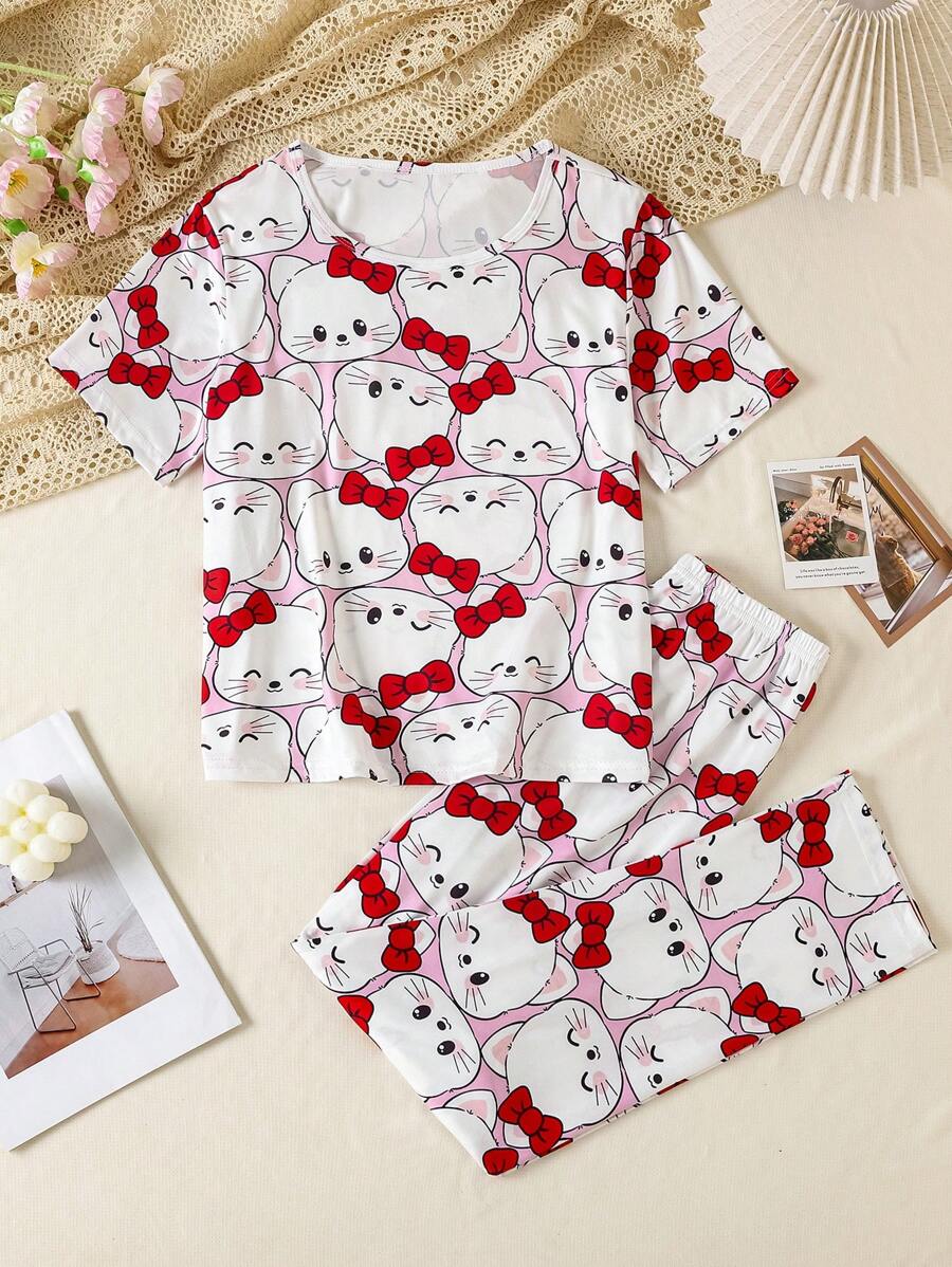 2 件可爱猫咪和心形图案女童睡衣套装 - 彩色 - 查看 1
