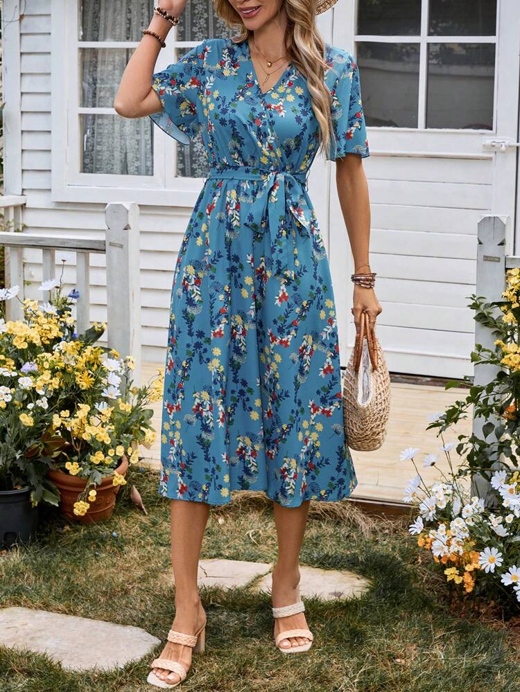 Women V-Neck Short Sleeve Floral Allover Print Casual Dress