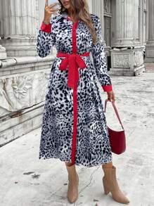 SHEIN LUNE 2024 秋冬新款豹纹撞色红长款衬衫裙女装 - 灰色 - 查看 1