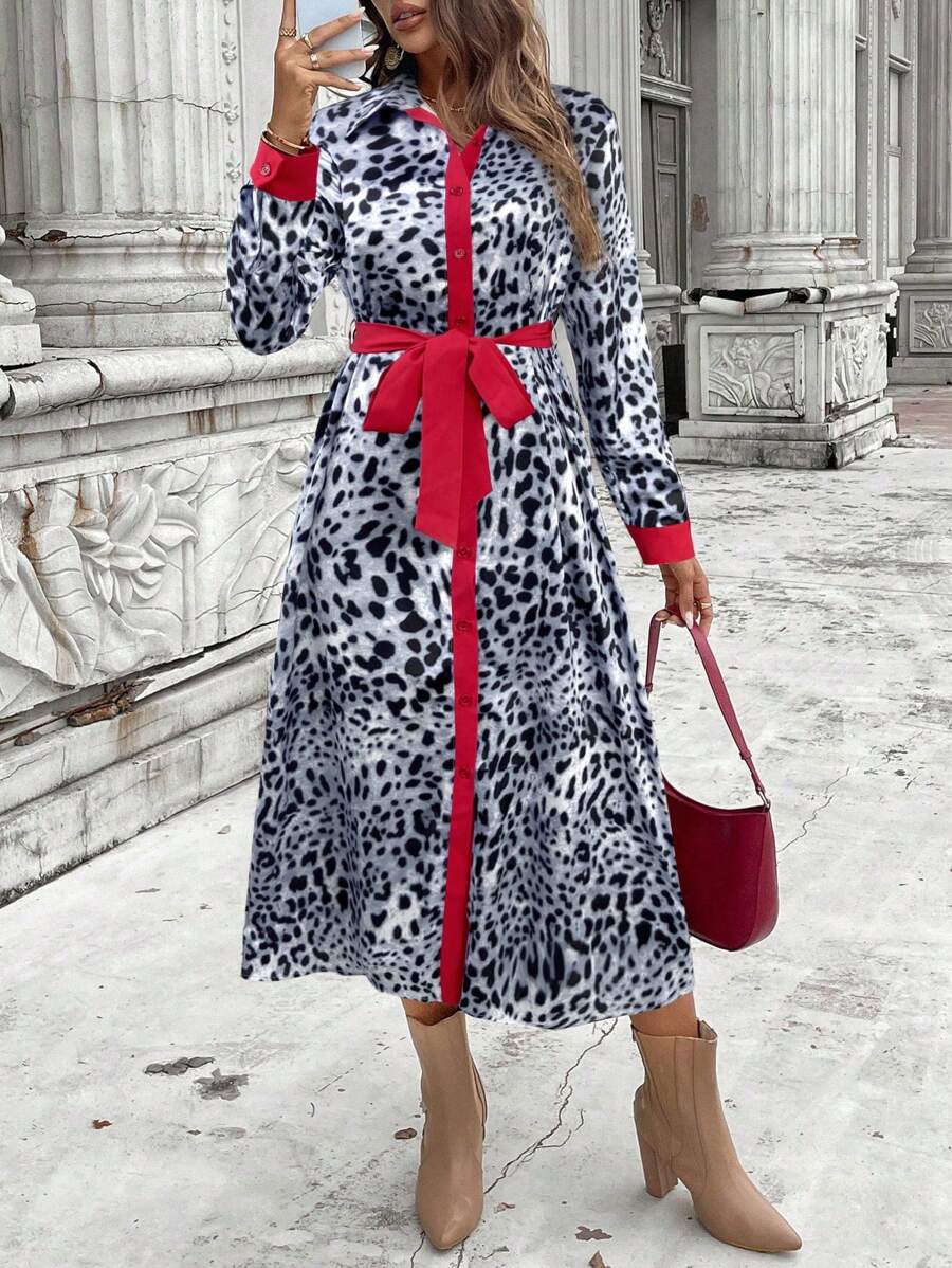 SHEIN LUNE 2024 秋冬新款豹纹撞色红长款衬衫裙女装 - 灰色 - 查看 1