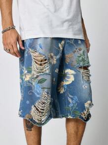 ROMWE MEN Street Life Men's Floral Print Pocket Ripped 7/8 Jeans Vacation