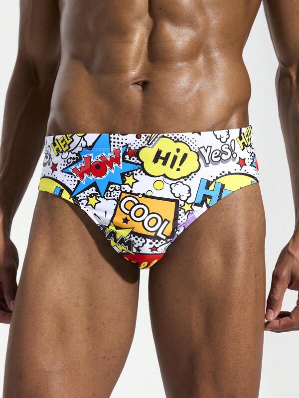 Manfinity KASUA Men's Letter Print Slim Fit Swim Trunks, Casual Vacation,Hawaiian