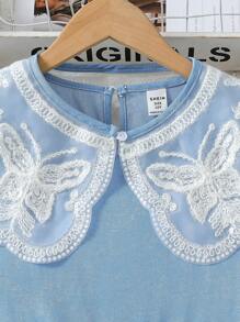Tween Girls Embroidered Ruffle Collar Tiered Denim Dress, Casual & Comfortable Stylish Look For Summer - Blue - View 4