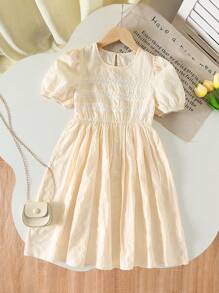Tween Girl Elegant Round Neck Ruffled Short Sleeve High Waist Loose Solid Color Lace Hem Midi Dress - Beige - View 3