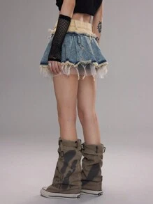 Coolane Women's Summer Y2K Streetwear Vintage Mesh Denim Dirty Patchwork Cutting Process Pleated Low Rise Mini Skirt, Back To School, Western Wear Women - Multicolor - View 2