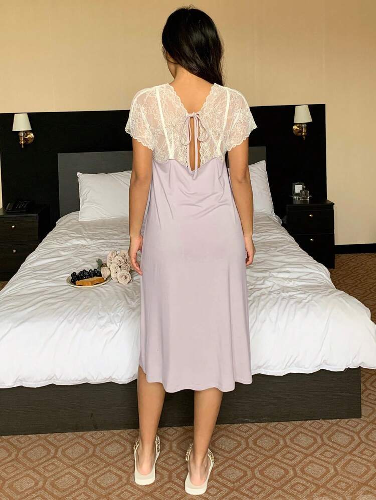 Romantic Contrast Color Lace Patchwork Backless Women Night Dress Pajama