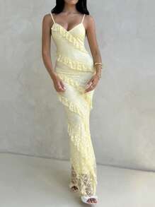 Aloruh Women's Solid Color Romantic Date Dress V-Neck Spaghetti Strap Yellow Lace Layered Ruffle Mermaid Hem Bodycon Dress, Suitable For Spring And Summer Vacation,Summer Dresses
Spring Clothes - Yellow - View 7