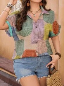 EMERY ROSE Plus Size Women Geometric Print Front Button Short Sleeve Shirt - Multicolor - View 4