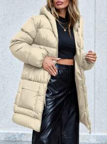 EURMUSE Flap Pocket Drawstring Waist Hooded Puffer Coat - Beige - View 3