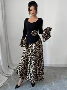 Modelyn Women's Woven Contrast Paneled Leopard Print Cinched Waist Dress - Black - View 6