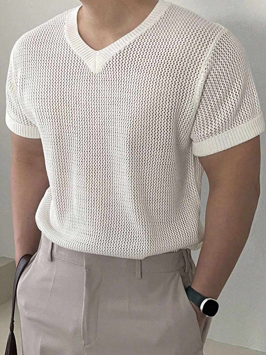 DAZY Men's V-Neck White Ribbed Knit Sweater, Summer - White - View 1